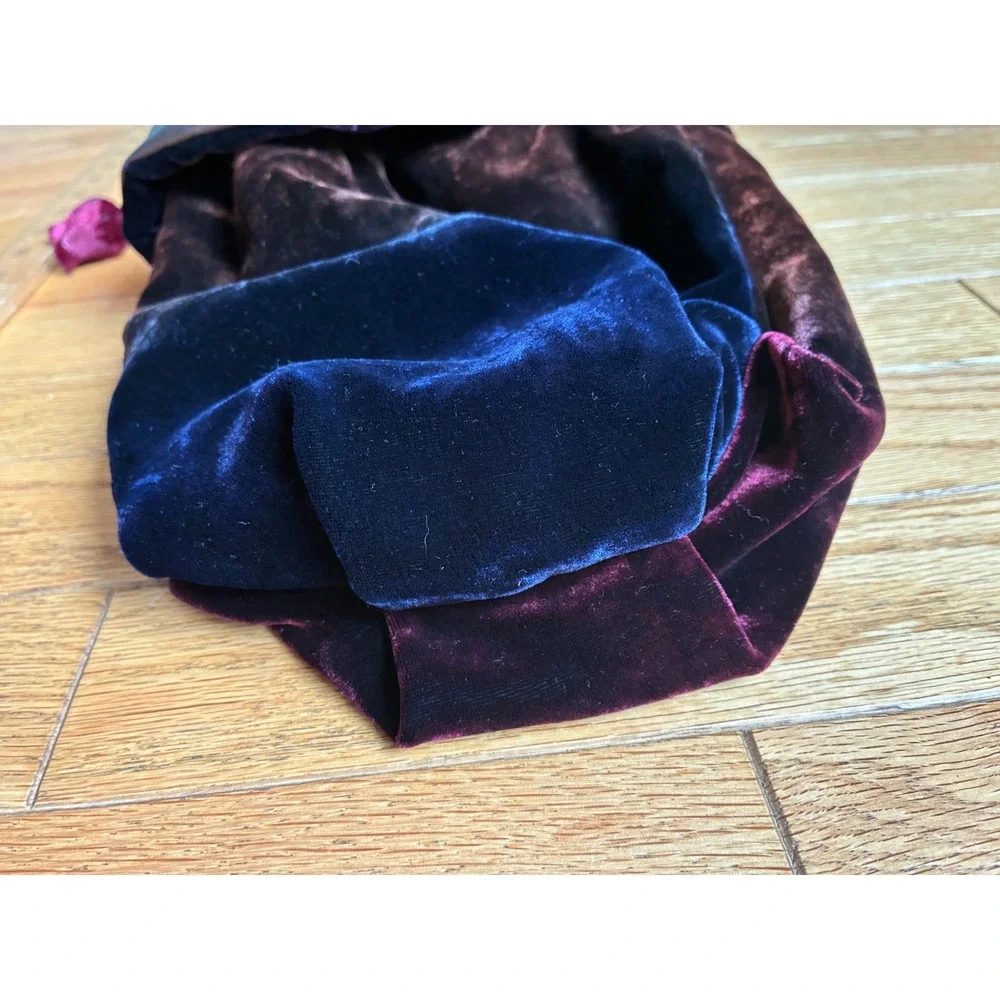 Italian Velvet Drawstring Pouch Bag Blue Burgundy Metallic Leather Floral Charm
